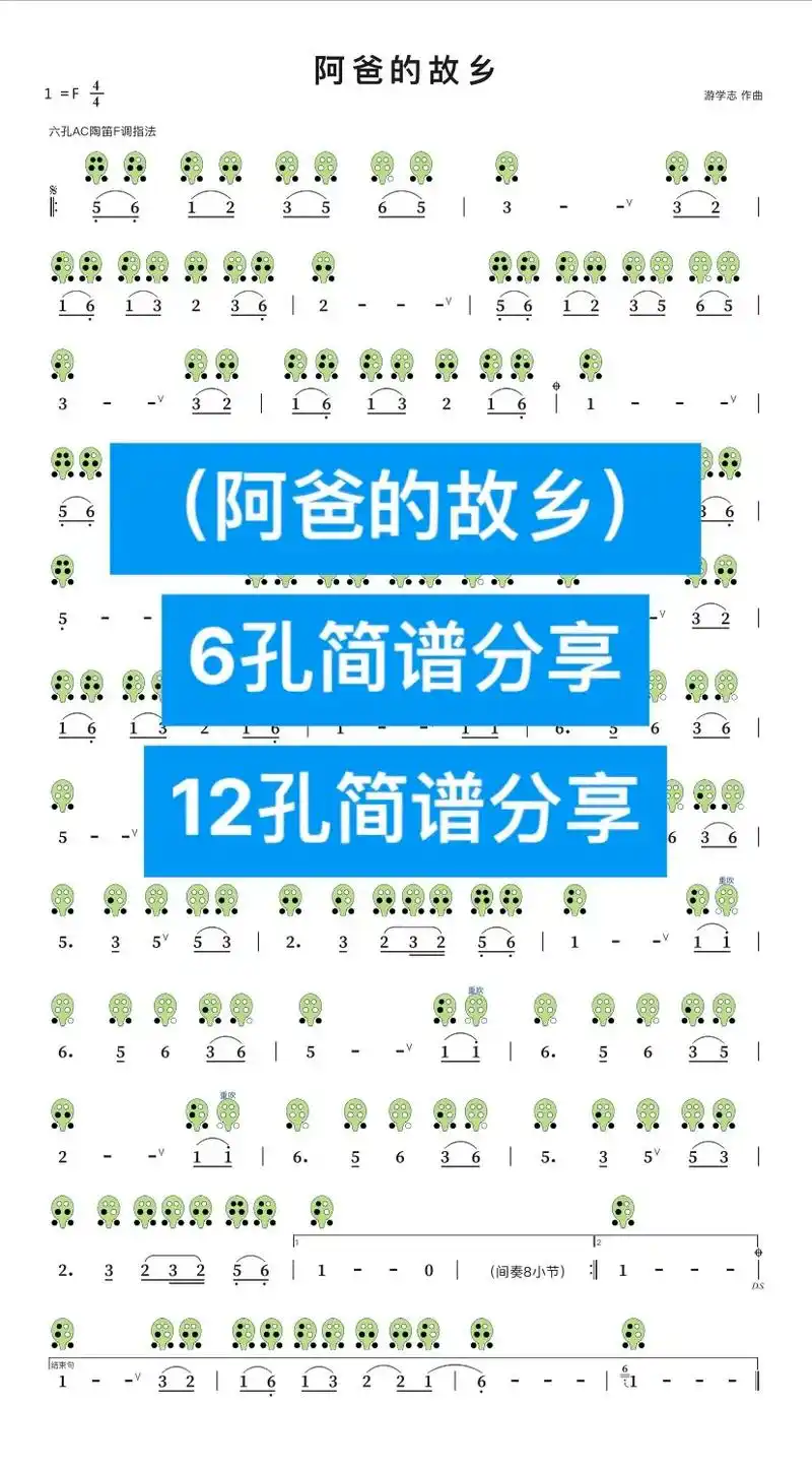 「阿爸的故乡」6孔陶笛12孔陶笛简谱分享.#陶笛 #简谱 # - 抖音