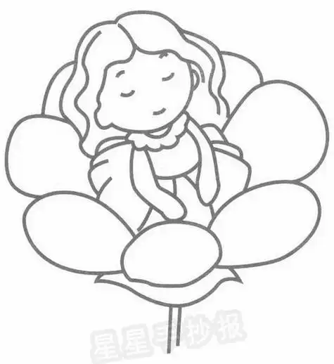 拇指姑娘站在花上简笔画