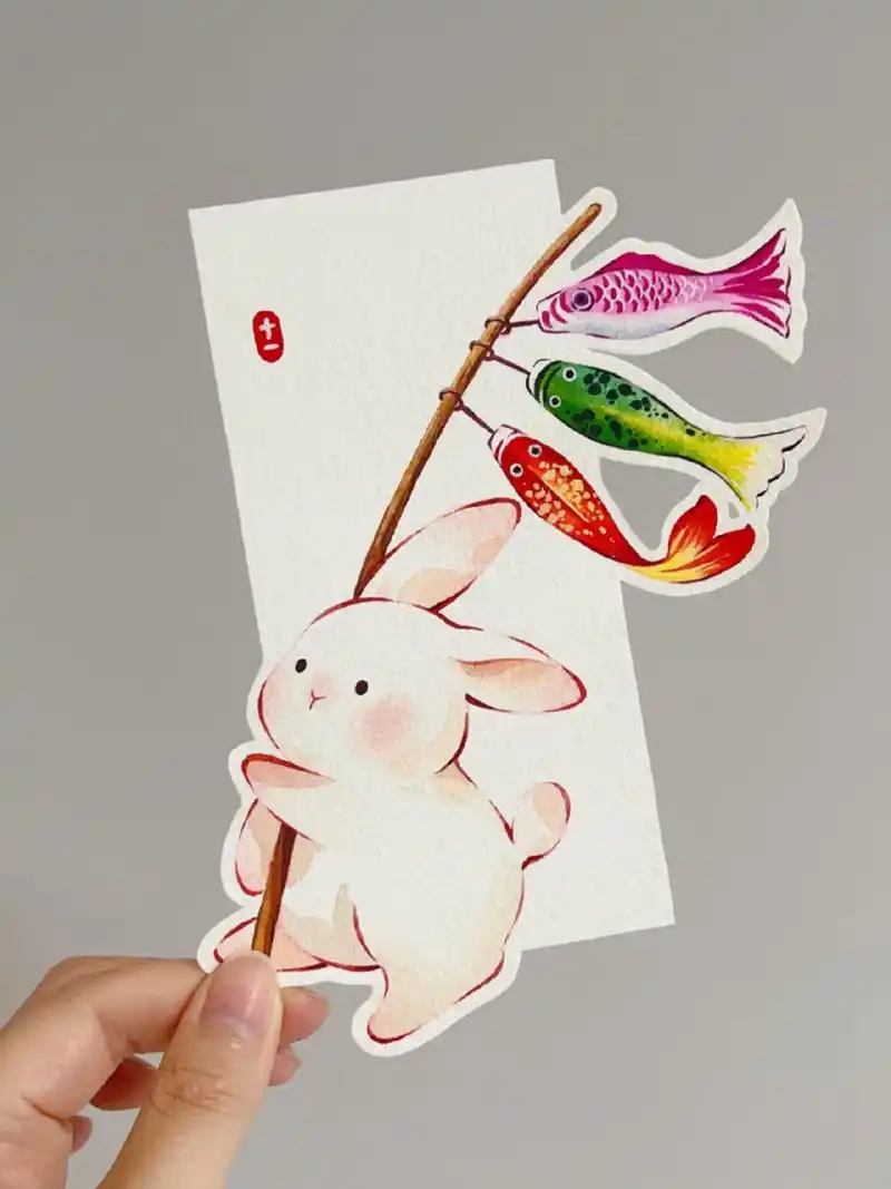 水彩书签～锦鲤兔兔(附过程图) 小兔子送锦鲤,见者发财 七七老师的