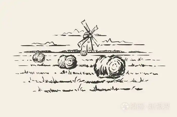 麦田背景手绘涂鸦磨坊