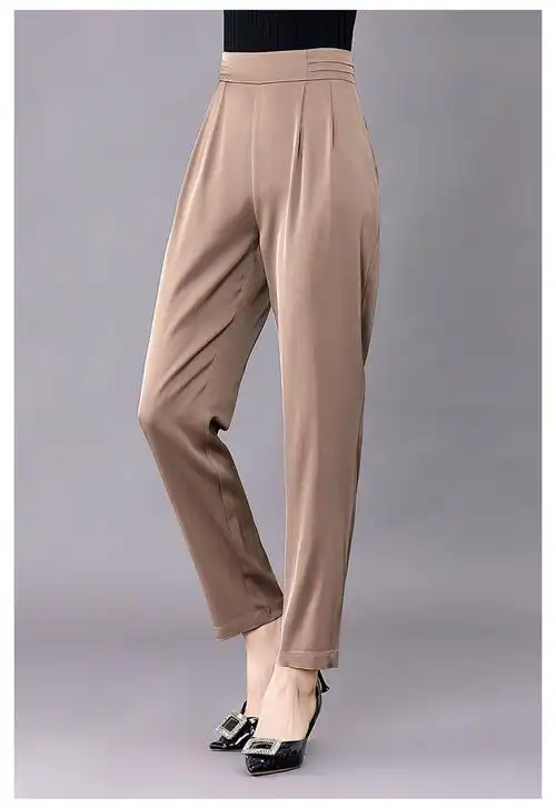 摩纳什丹重磅真丝哈伦裤女高腰春夏宽松显瘦百搭松紧腰桑蚕丝长裤米色