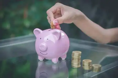 孩子们的手把硬币放在粉红色的猪存钱罐和大自然照片