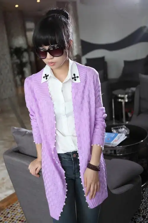 秋冬新款女装珍珠边韩版休闲中长款毛衣开衫外套针织衫女0.37kg