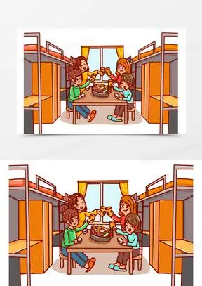 卡通手绘寝室文化宿舍吃火锅场景素材