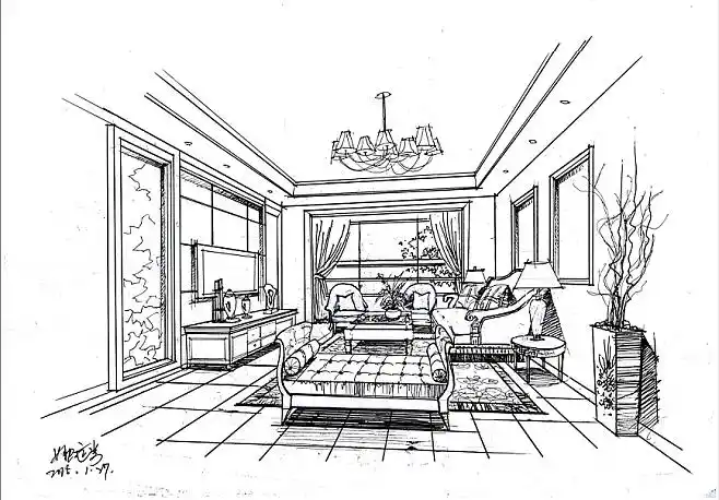 学生课堂手绘作品作者姚运芳长春建筑学院室内专业客厅透视空间手绘