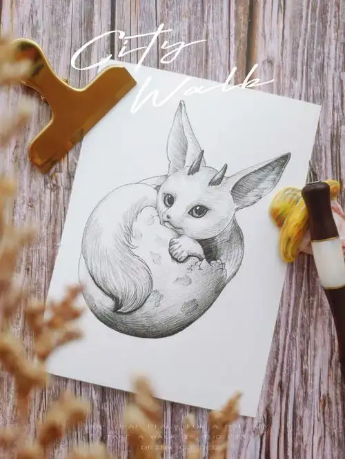 黑白针管笔耳廓狐绘画