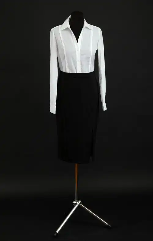 白色衬衫和黑色裙子在黑色背景上的人体模特