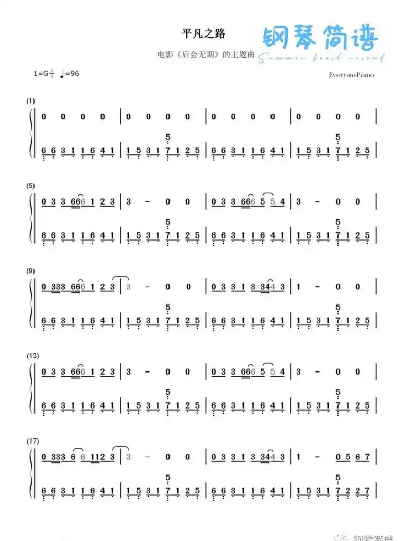 《平凡之路》钢琴简谱