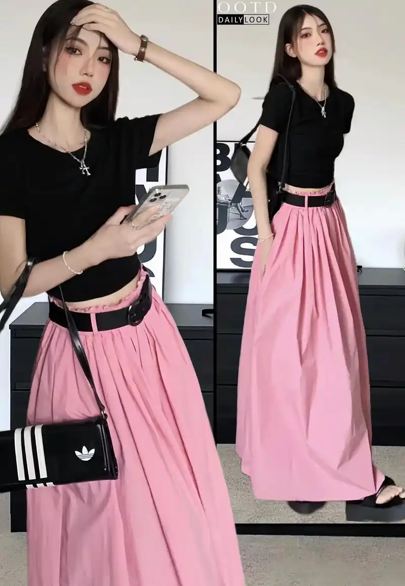 黑色短袖上衣搭配粉色伞裙