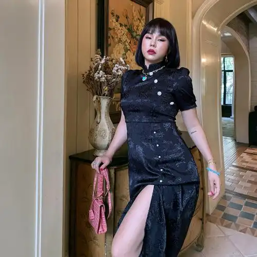 楠哥微胖辣妹中国国风开叉旗袍女大码mm修身连衣裙