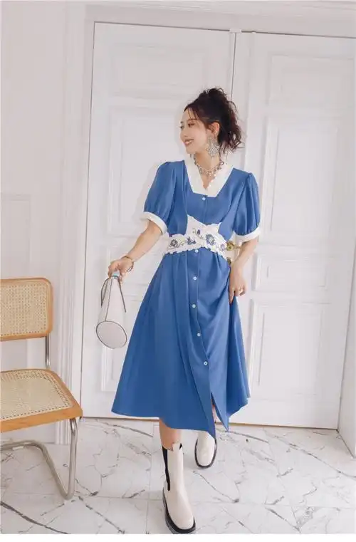 2021夏法式刺绣花绑带连衣裙长款湖蓝色荷叶领收腰大摆裙
