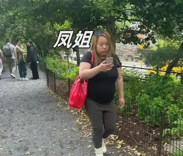 可以看出,凤姐的体型更加健壮肥硕,她下巴肉多显著,整个人都人高马大