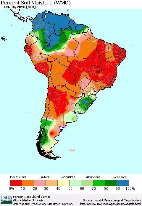 图14:南美洲10月18日土壤墒情(左)和10月份累计降水距平(右)
