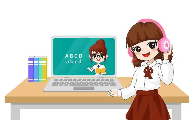 网课小学生二次元萌妹在线课堂学习书本电脑在线教学网络搜课白色卡通