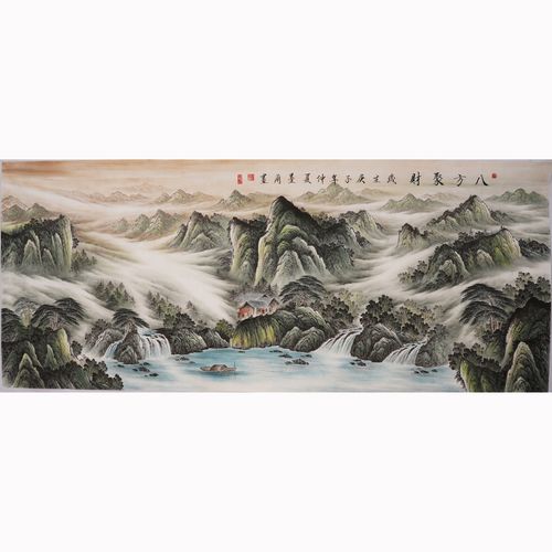 宣纸国画水墨山水画芯原稿纯手绘八方聚财手写真迹办公室书画0012