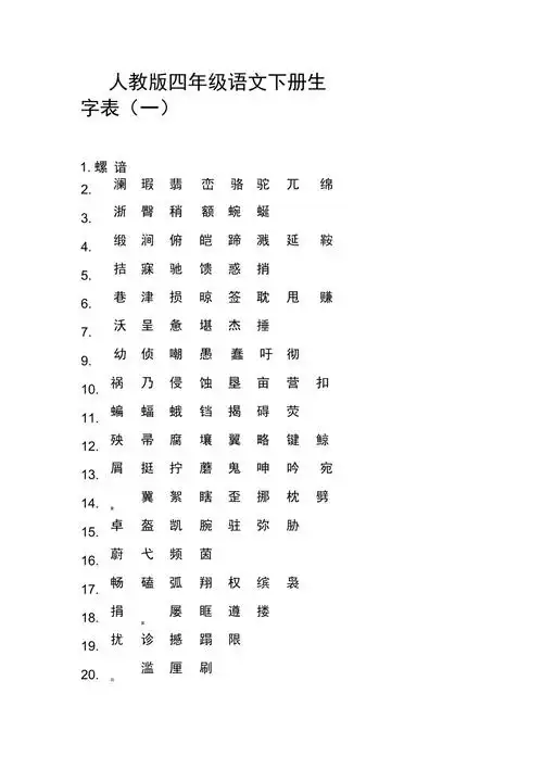 人教版四年级语文下册生字表一