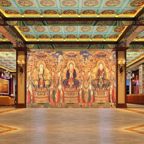 道教三清祖师天尊神圣像背景墙中式道观家文化寺庙墙布宗教壁纸