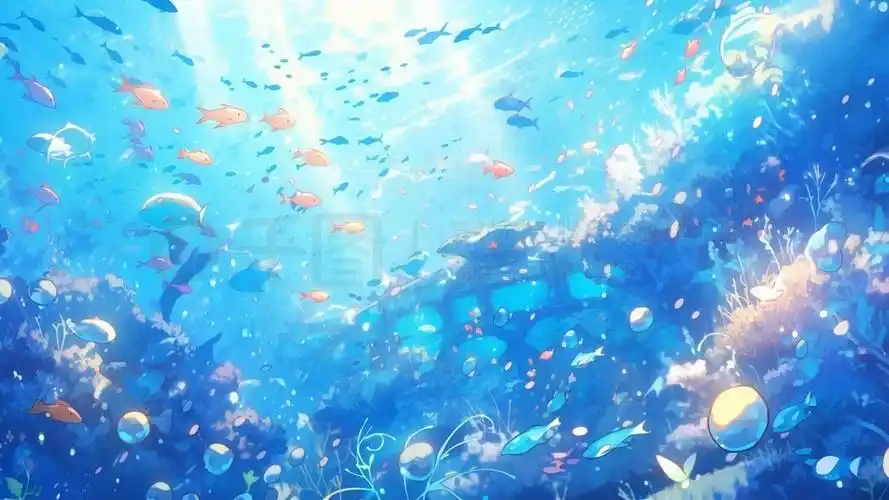 海底世界数字艺术_蓝色海底世界气泡鱼群阳光唯美卡通壁纸插画_ai背景