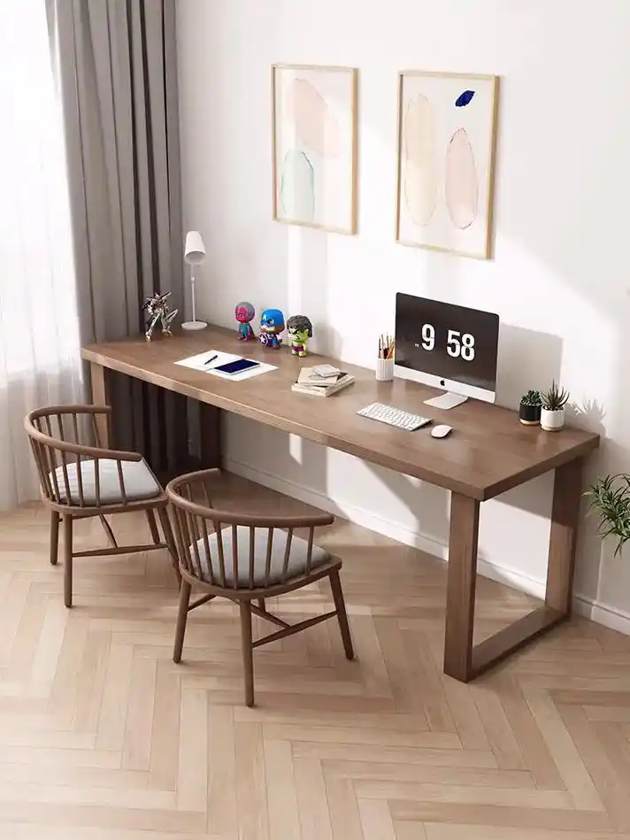 双人全实木长条书桌家用台式电脑桌办公学习靠墙长方形桌子工作台