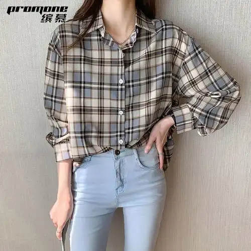 promone衬衫女新款格子长袖宽松外穿衬衣设计感小众上衣