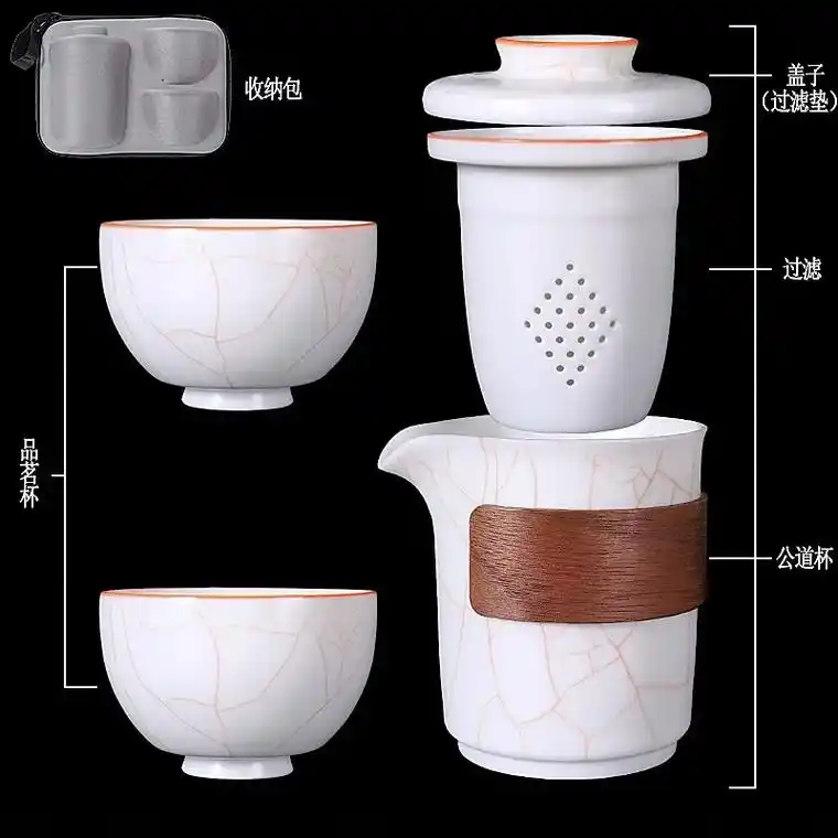羊脂玉汝窑开片可养金丝一壶二杯旅行茶具.