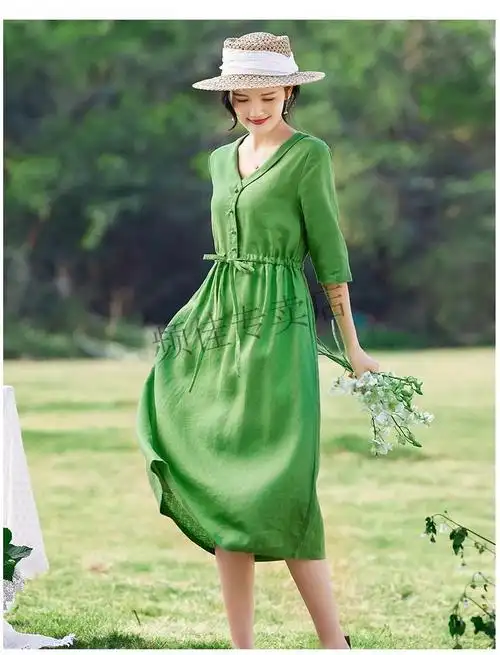 素订棉麻女装官方子牧素素素素轻奢女装原创品牌棉麻高端亚麻连衣裙