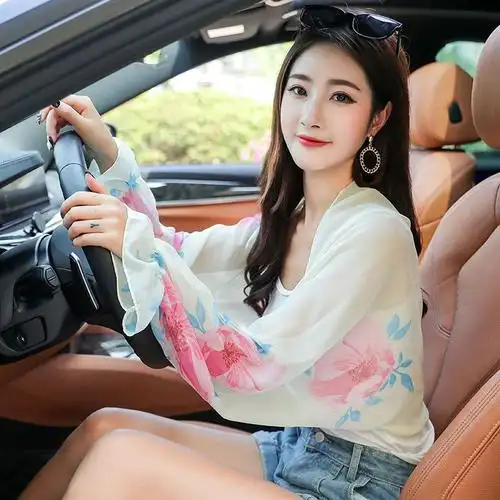 青慕冰丝防晒披肩夏季新款雪纺衫防晒衣防晒披肩防晒衣防嗮披肩桔花袖