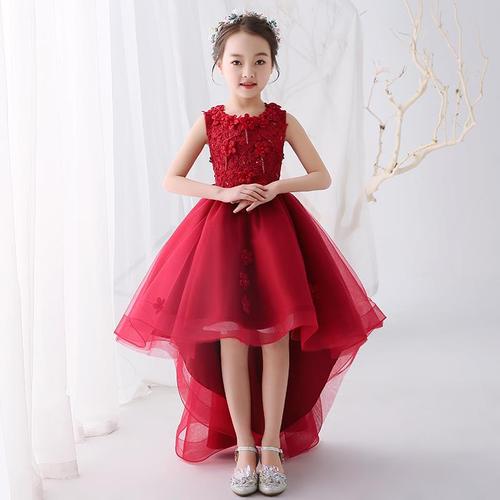 儿童公主裙酒红色蓬蓬裙拖尾走秀高端晚礼服花童儿童礼服