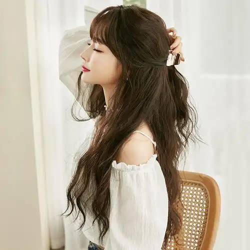 流行韩版长卷发羊毛卷整顶发套空气刘海玉米烫假发全头套黑茶色68cm