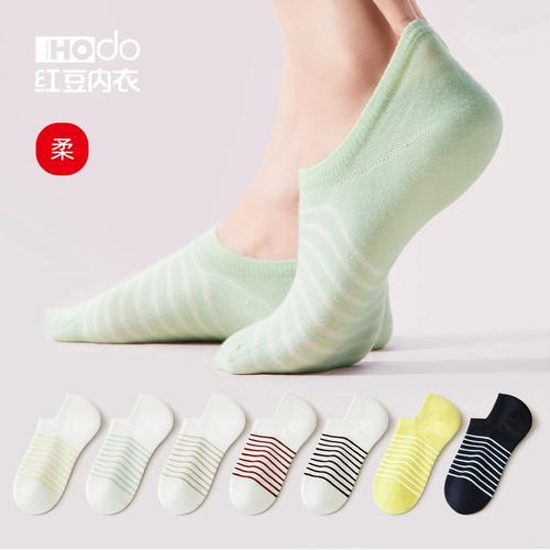 五双装女士棉袜抗菌薄款春夏条纹百搭吸汗透气船袜运动袜子短袜女
