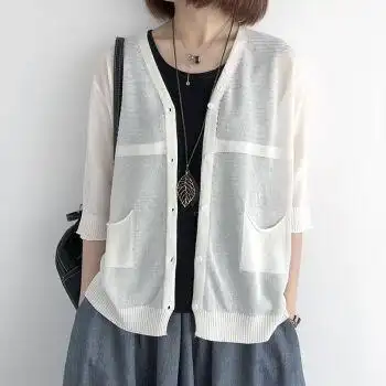 外搭开衫夏季针织衫夏季针织开衫外套女外搭空调防晒宽松上衣白色m