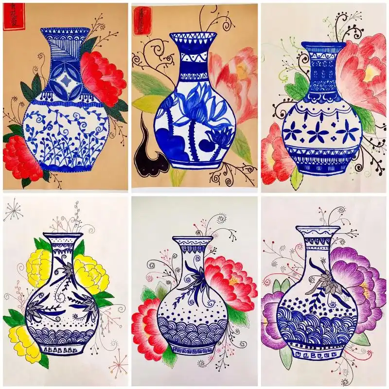 青花瓷创意儿童画花瓶,小学生绘画作品.#创意线描 #青花瓷  - 抖音
