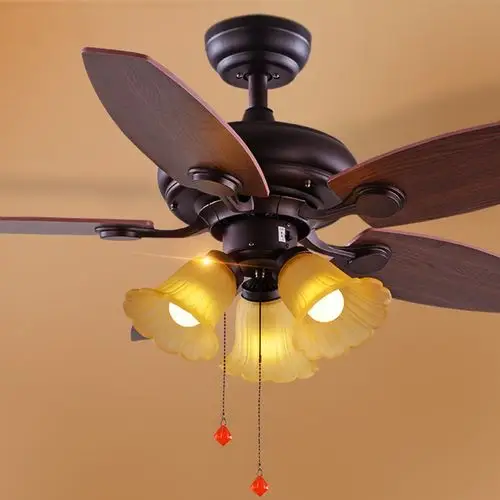 美式乡村吊扇灯餐厅风扇吊灯三头客厅欧式复古带木叶的风扇灯具家用