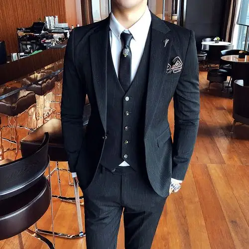 条纹西装套装新郎结婚结婚礼礼服男士三件件套西服套装