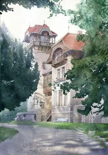 动漫水彩场景,大自然的绿色与各式人造建筑并存,亦真亦幻的美~(画师