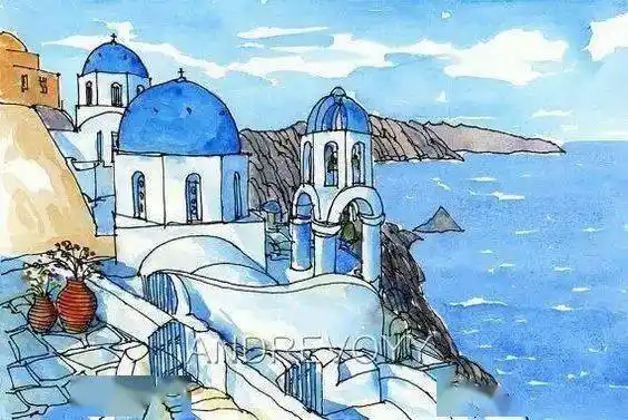 一组简单的冷色系水彩建筑风景画~美~_画面_基本_颜色