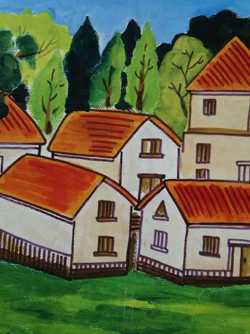 儿童水粉画—美丽乡村 先画水粉,再用水彩笔勾线,小房子和周围环境的