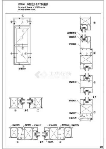 平开门装配图及截面图,本工程资料为dwg格式,图纸包括:各版块详细示意