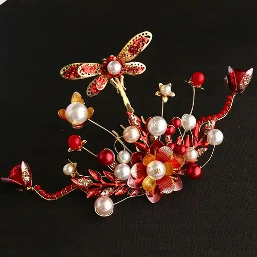 中式新娘秀禾服头饰凤冠大气步摇红色饰品结婚2020新款秀和发饰女