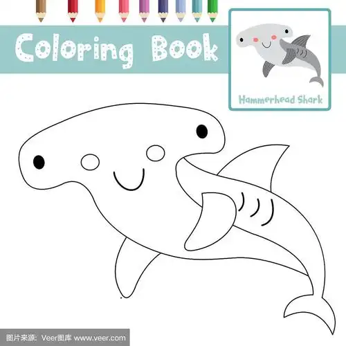 着色页锤头鲨动物卡通人物矢量插图