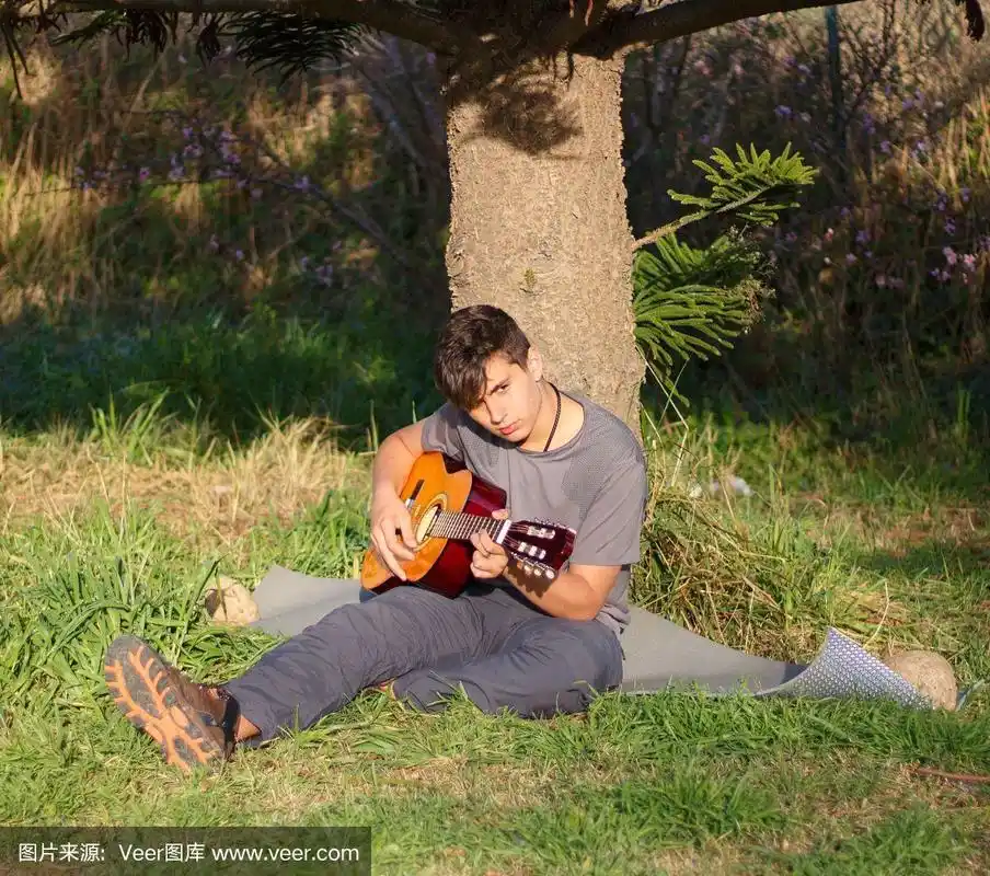 一个男孩在田野里弹吉他的照片