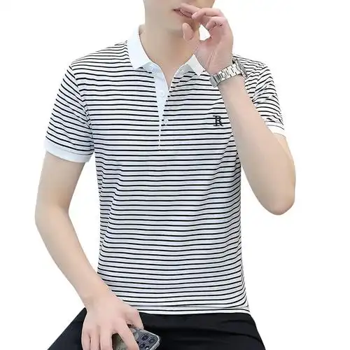 t恤条纹男装潮流男士体恤衫短袖夏季翻领半袖纯棉polo衫刺绣上衣t