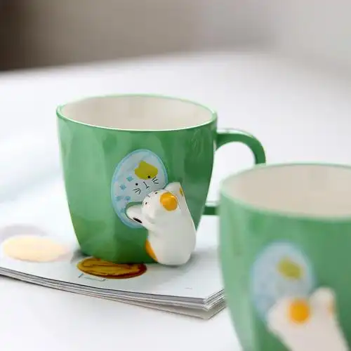 小清新_创意立体浮雕照镜子的小猫咪陶瓷咖啡奶茶杯情侣 清新可爱