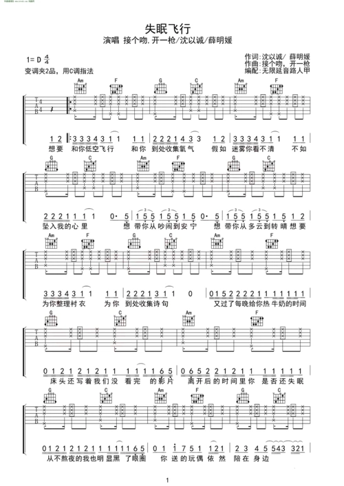 失眠飞行 无限延音编配 沈以诚 吉他谱 和弦谱