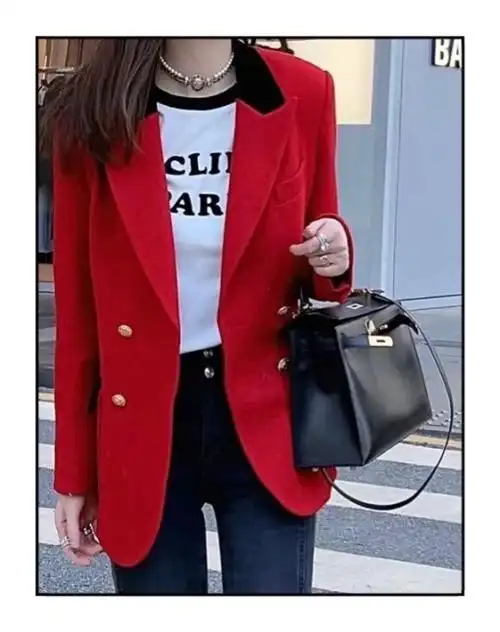 红色西装外套女早春新款气质宽松高级感炸街撞色小众西服2022欧货