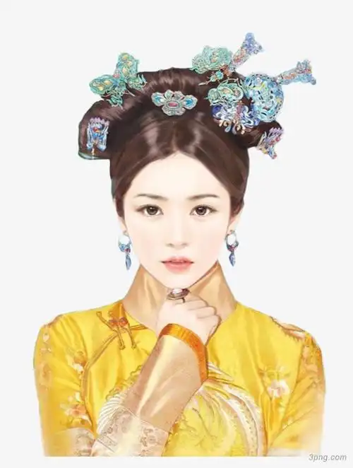 金色衣裙清朝古风美女png素材透明免抠图片-卡通手绘