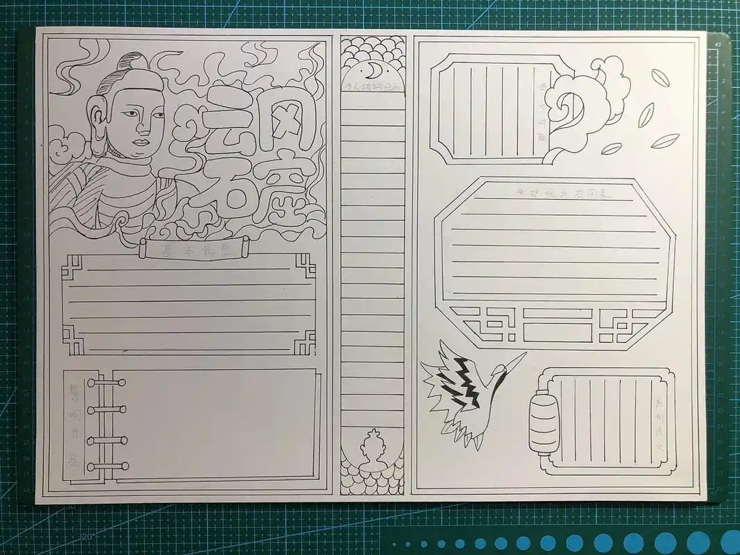 马克笔手抄报-《云冈石窟》主题 尺寸:a3; 马克笔:touch mark动漫80色