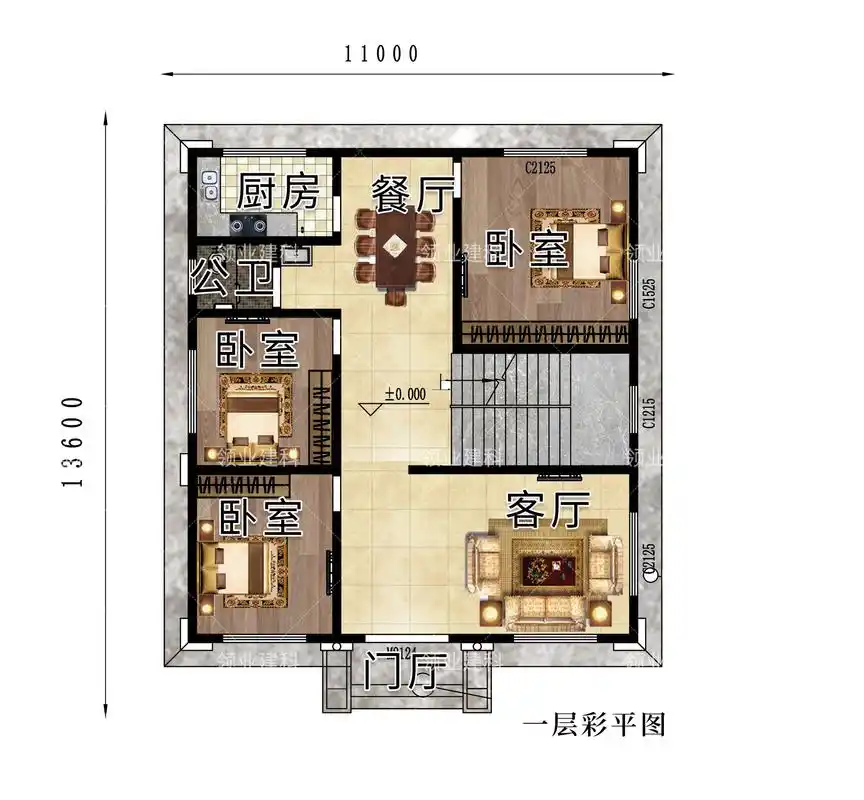 宽11米的三层别墅,方正大气,9房 堂屋,农村建房必备的参考户型