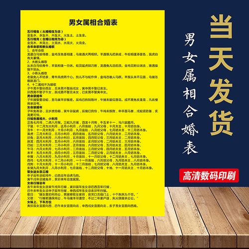 男女属相合婚表 五行婚配生克禁忌表 纸卡片不干胶贴纸 塑封a4 a3