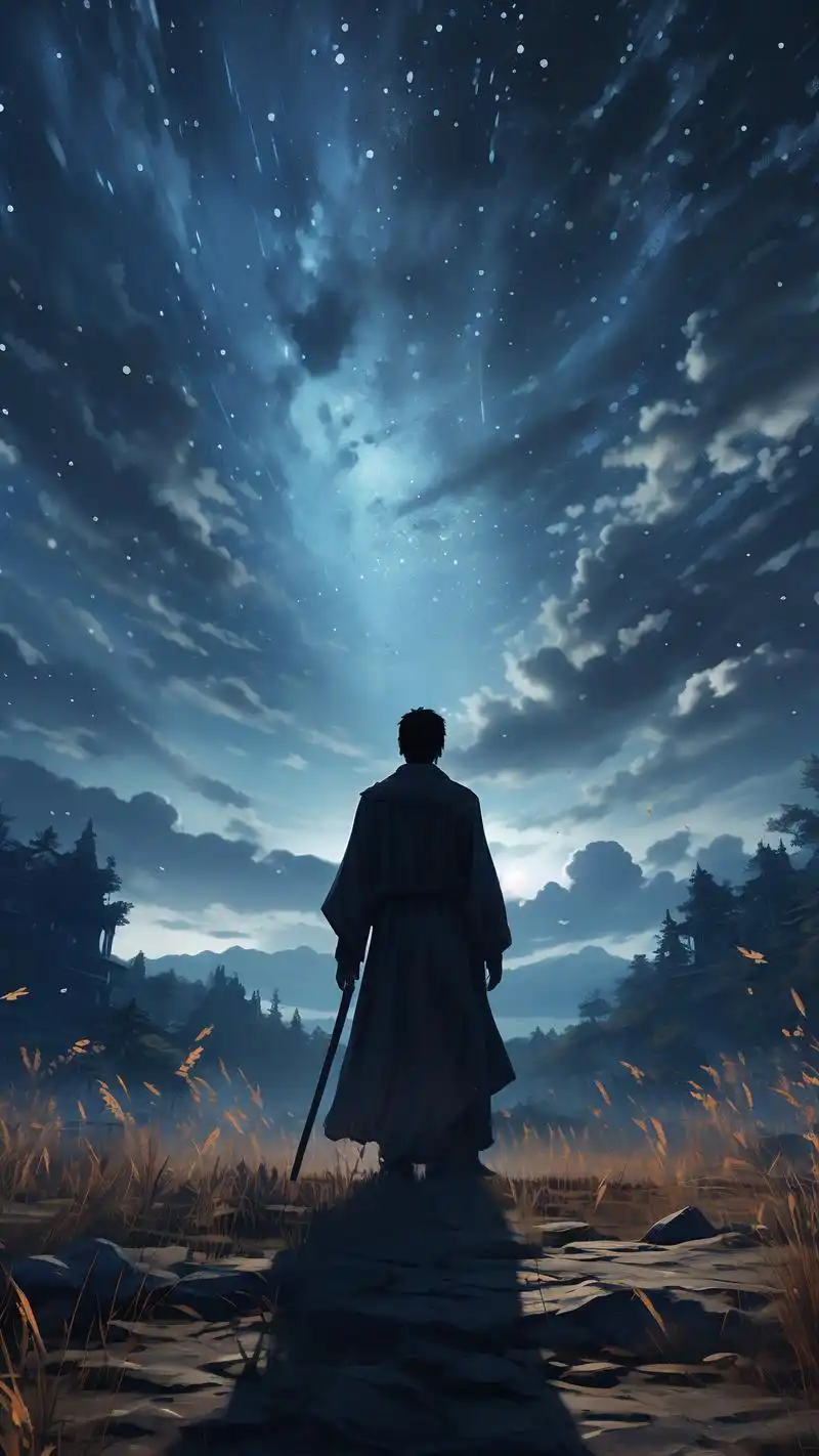 90星空下的孤单人影壁纸90 在浩瀚星空下,一个孤单的人影静静地